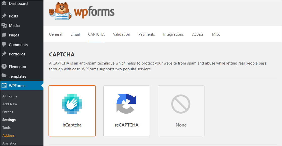 Enable hCaptcha with WPForms